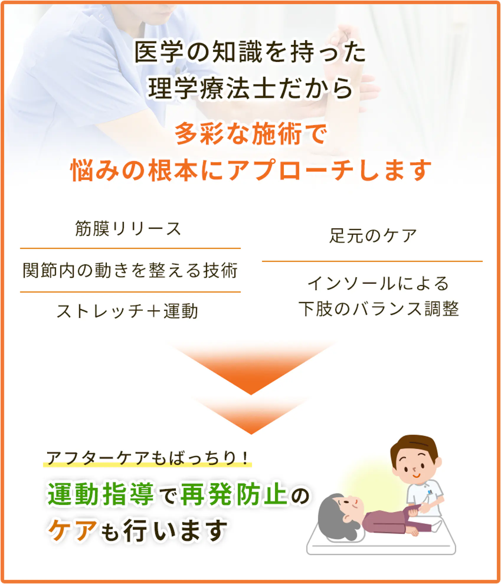 医学の知識を持った理学療法士だから多彩な施術で悩みの根本にアプローチします！